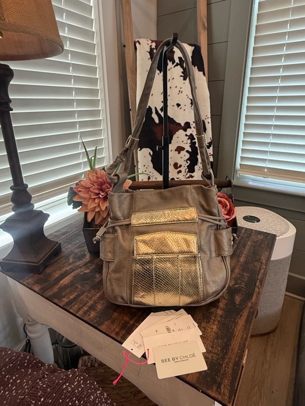 See By Chloe Metallic Silver and Gray Leather Shoulder Bag w/Cards 03-10-97
